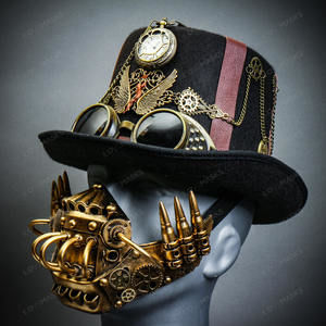 Black Pocket Watch Steampunk Top Hat w/ Gold Robot Mask Halloween Costume